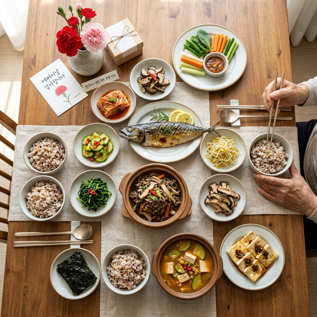 Table with traditional Korean dishes including grilled fish, rice, vegetables, soup, and side dishes