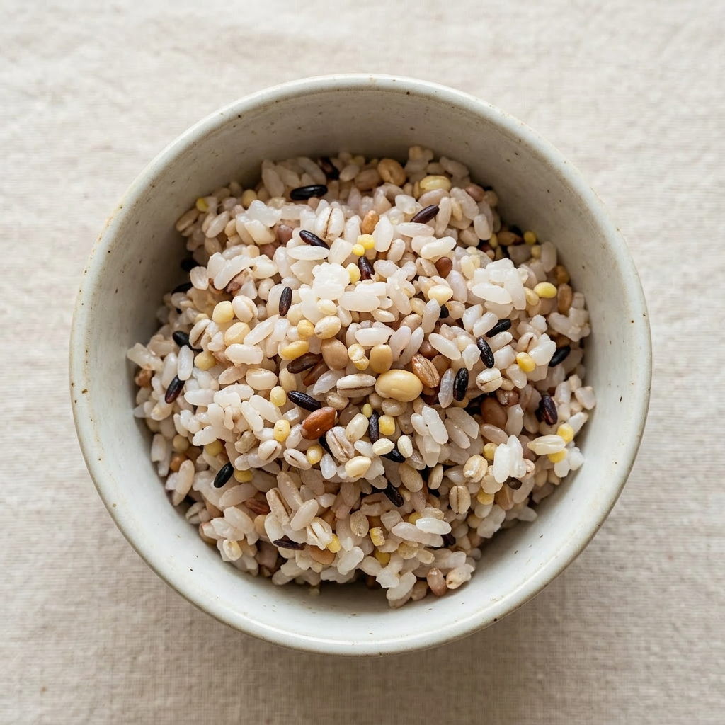 A white bowl containing cooked rice mixed with various grains such as black, brown, and yellow seeds.