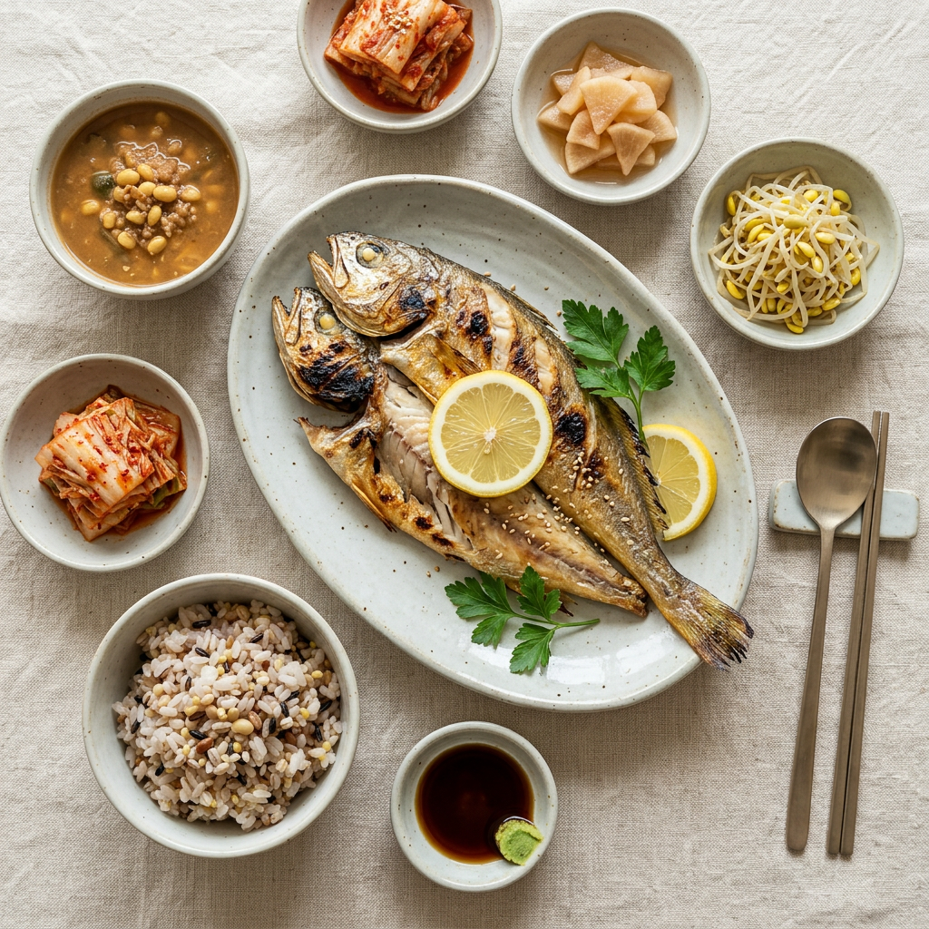 Grilled fish on a plate with lemon slices and parsley, surrounded by bowls of rice, kimchi, soy sauce with wasabi, soup, pickled radish, and bean sprouts