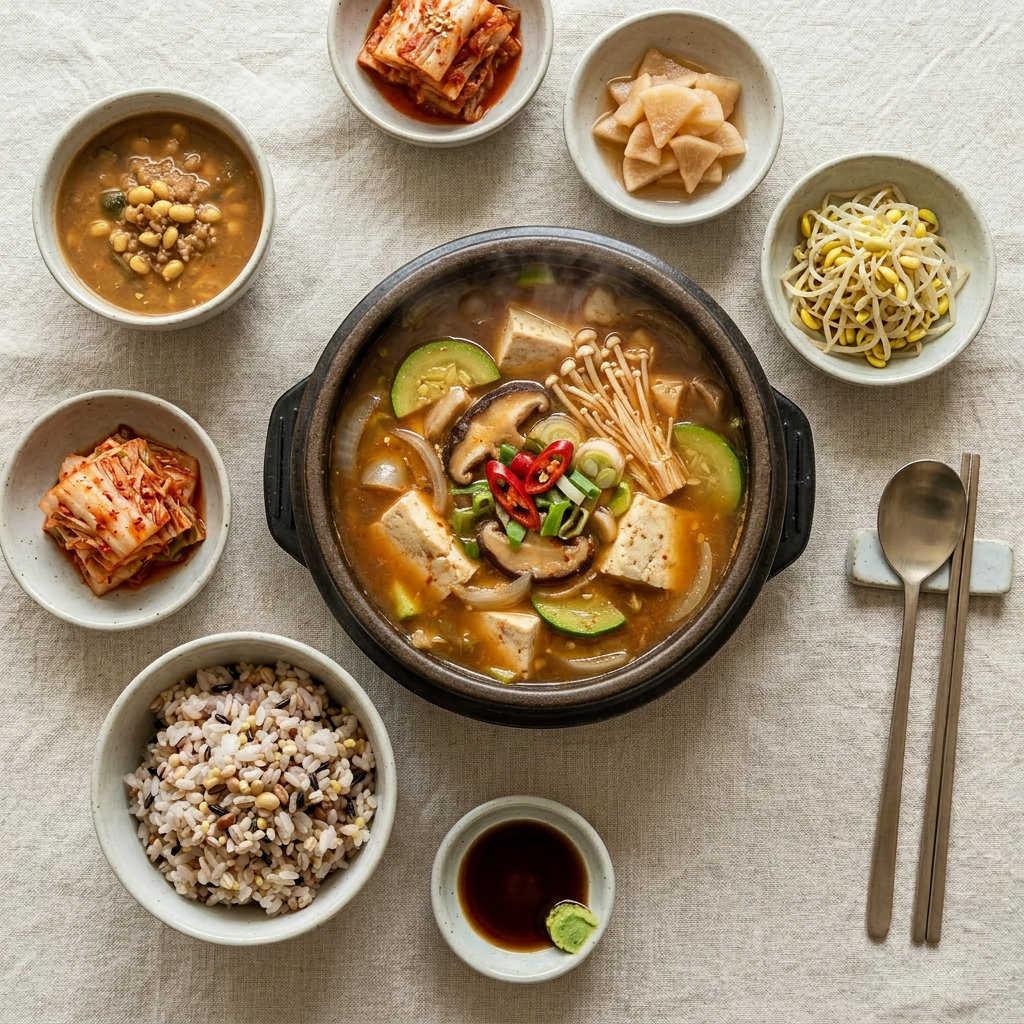 Grilled fish on a plate with lemon slices and parsley, surrounded by bowls of rice, kimchi, soy sauce with wasabi, soup, pickled radish, and bean sprouts