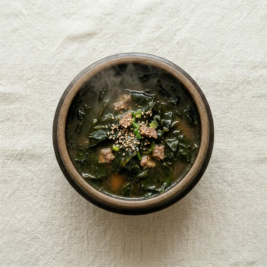 Grilled fish on a plate with lemon slices and parsley, surrounded by bowls of rice, kimchi, soy sauce with wasabi, soup, pickled radish, and bean sprouts