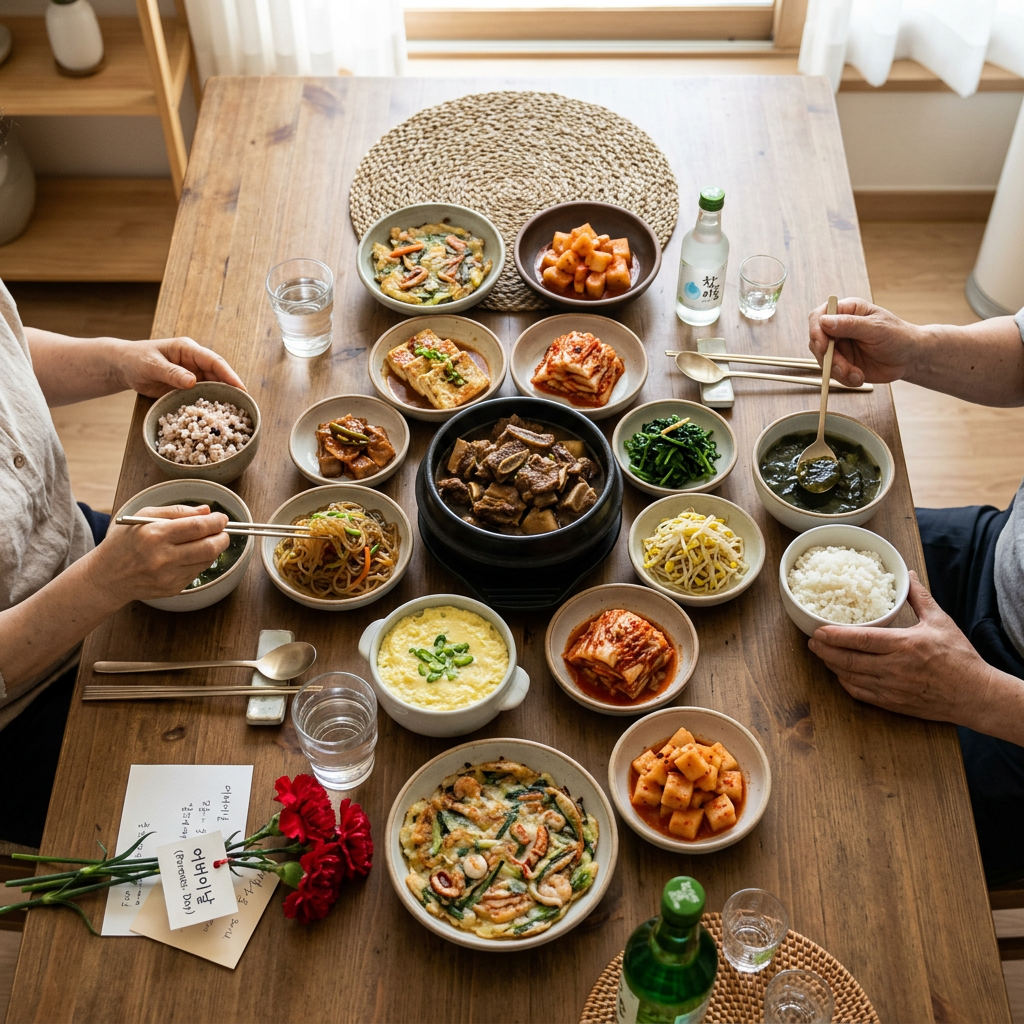 Korean table setting with multiple small dishes including kimchi, rice, soup, and grilled meat with two people eating