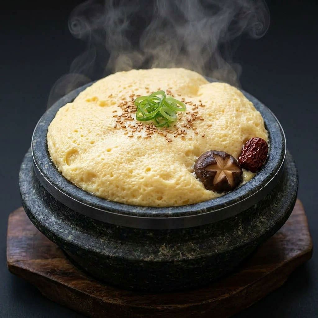 Korean table setting with multiple small dishes including kimchi, rice, soup, and grilled meat with two people eating