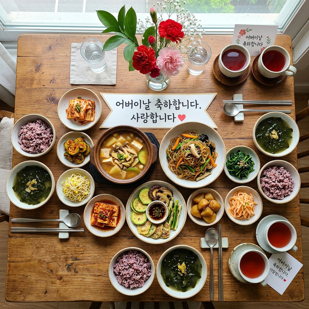 Korean dishes including rice, soup, noodles, and side dishes with a Parents' Day greeting